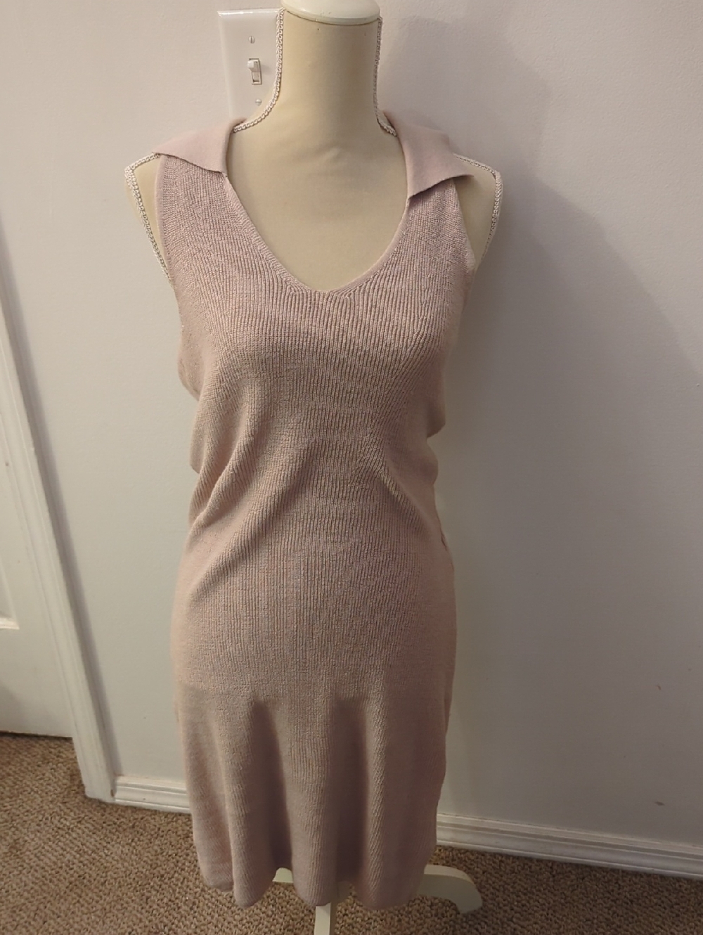 Freshman Beige Knit Dress with V-Neck